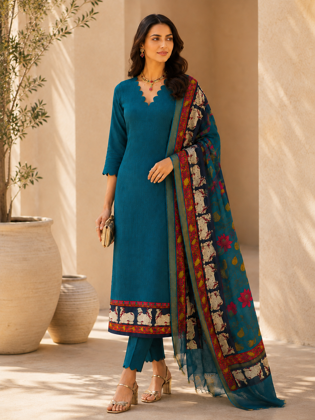 Blue Maheshwari Silk Unstitched Suit