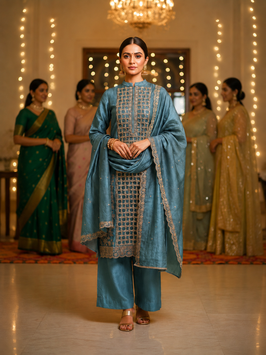Blue Embellished Crackle Semi Stitched Suit
