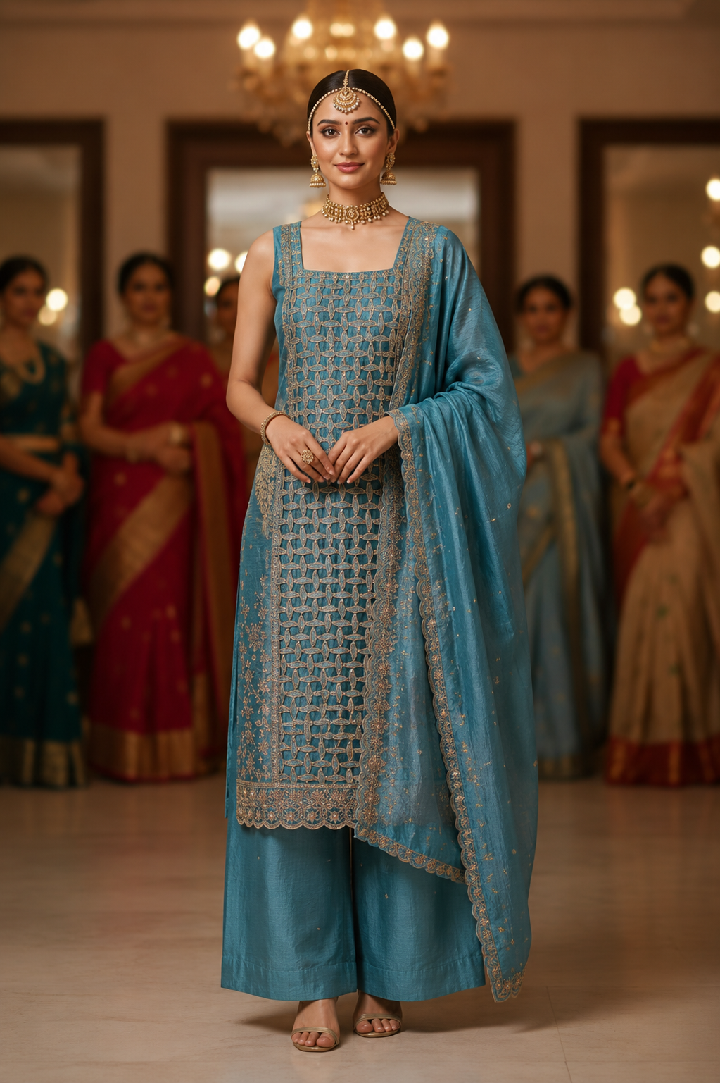Blue Embellished Crackle Semi Stitched Suit