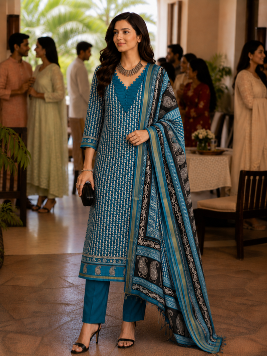 Firozi Maheshwari Silk Unstitched Suit