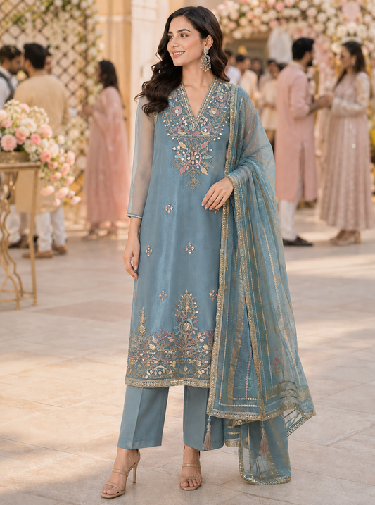 Blue Embellished Semi Stitched Suit