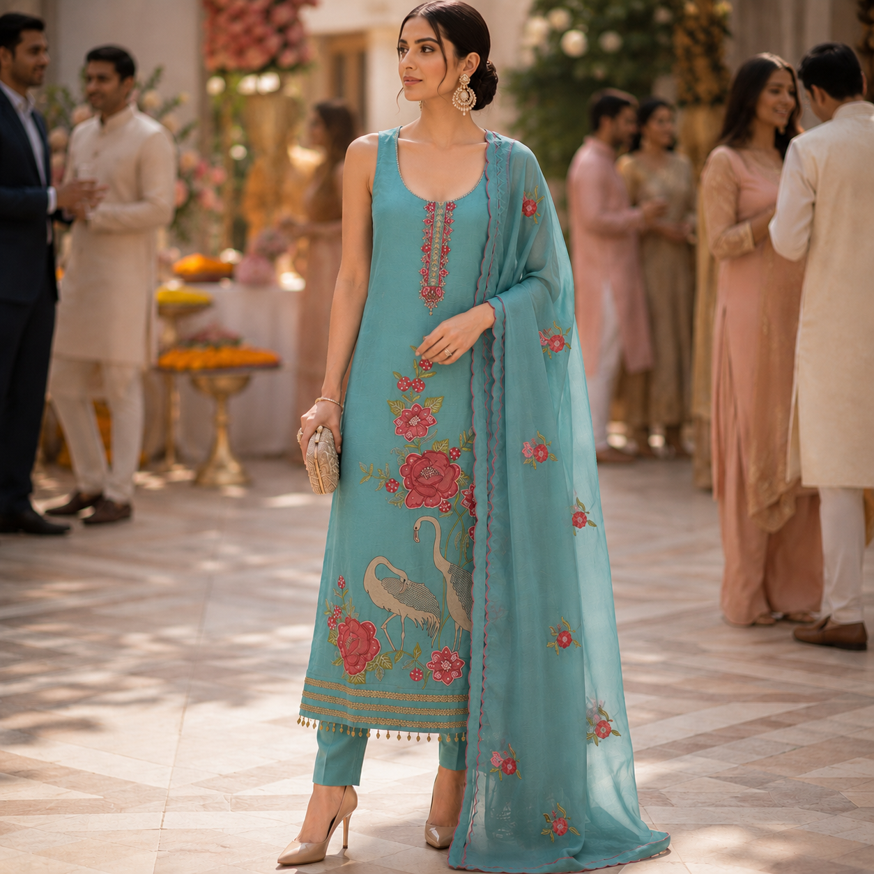 Teal Embellished Shimmer Semi Stitched Suit