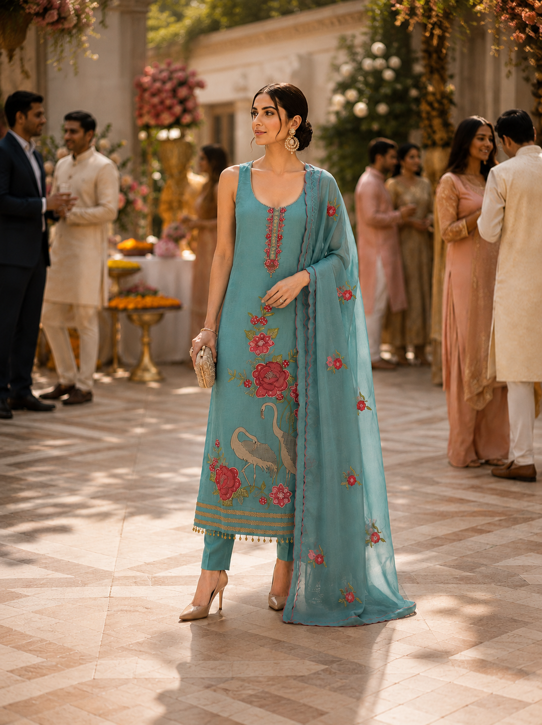 Teal Embellished Shimmer Semi Stitched Suit