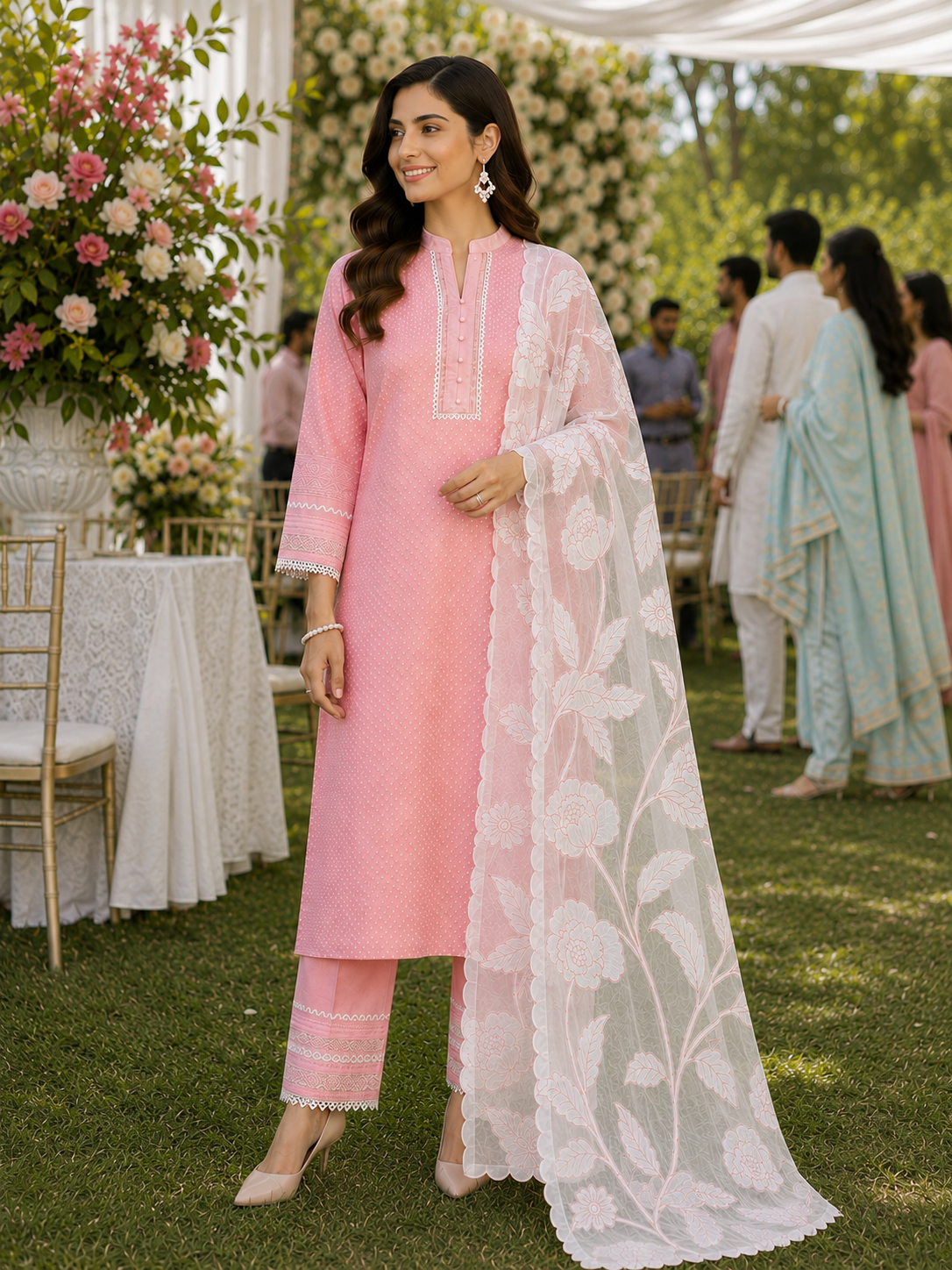 Peach Applique Chanderi Unstitched Suit