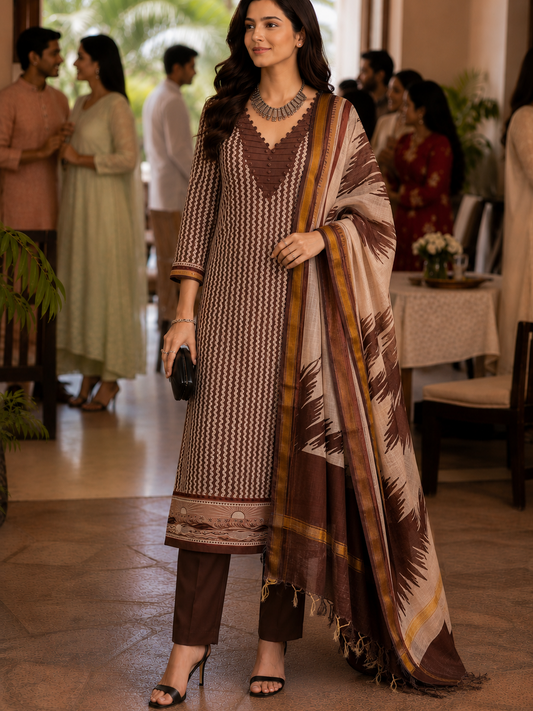 Brown Maheshwari Silk Unstitched Suit