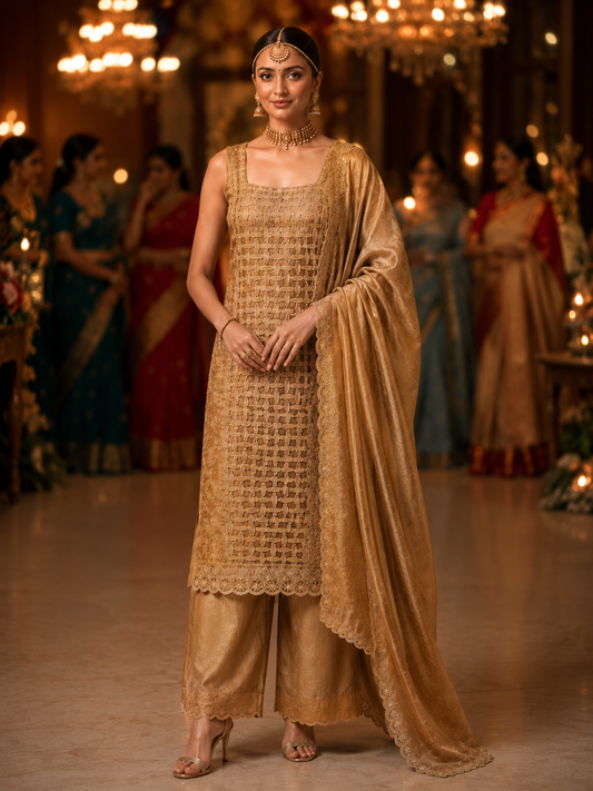 Brown Embellished Crackle Semi Stitched Suit