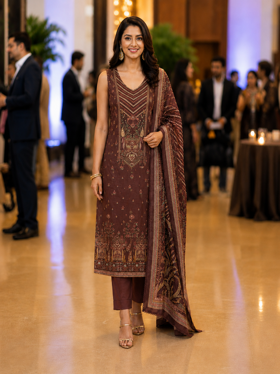 Brown Muslin Silk Unstitched Suit