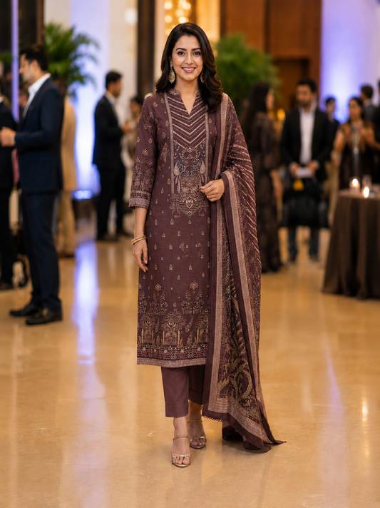 Brown Muslin Silk Unstitched Suit