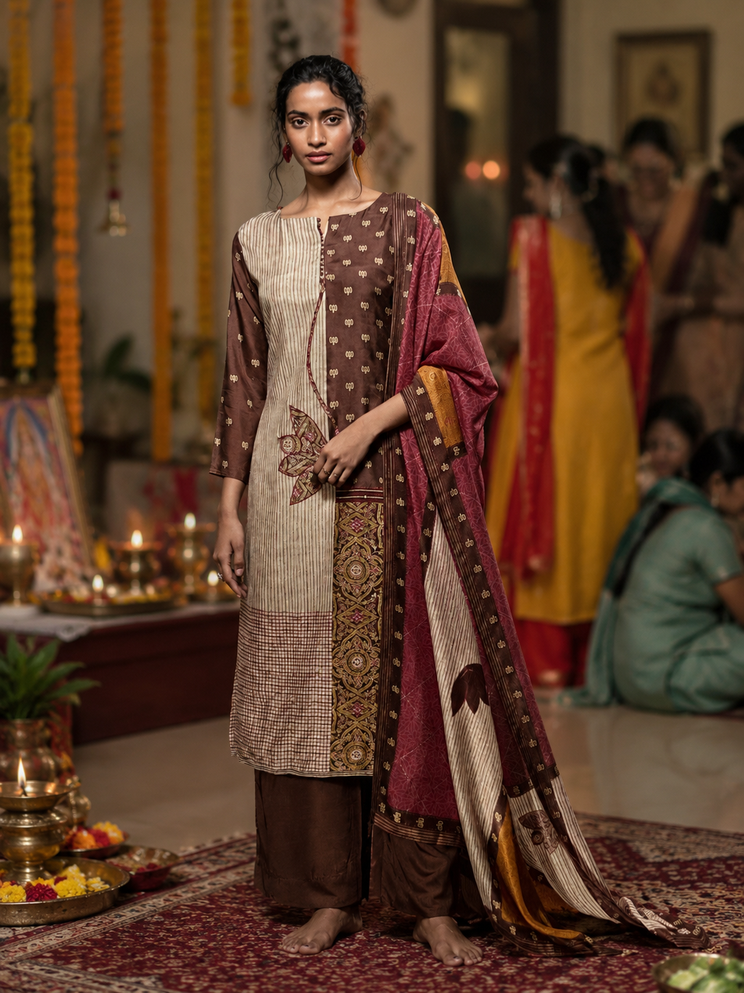 Brown Muslin Digitally Printed Semi Stitched Suit