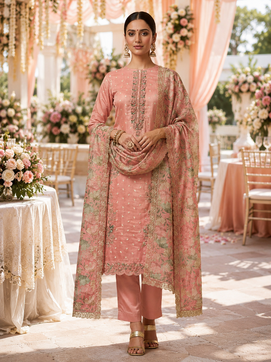 Pink Banarasi Butti Semi Stitched Suit