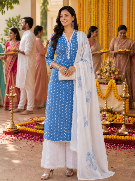 Blue Cotton Semi Stitched