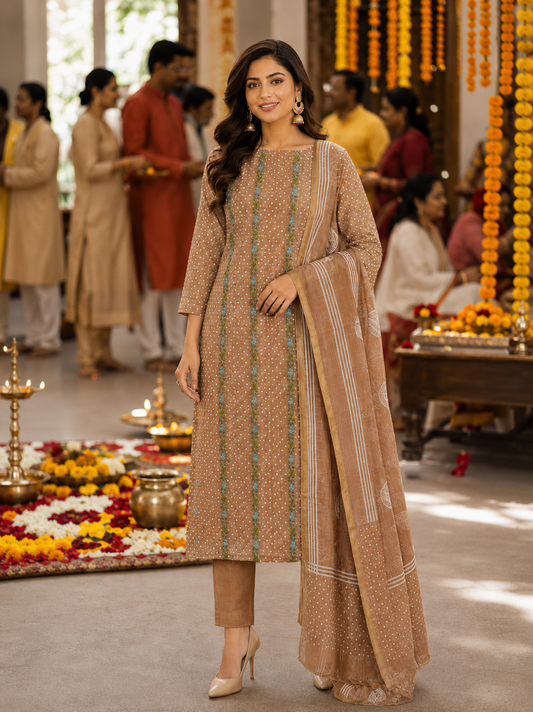 Brown Bandhan Maheshwari Silk Unstitched Suit