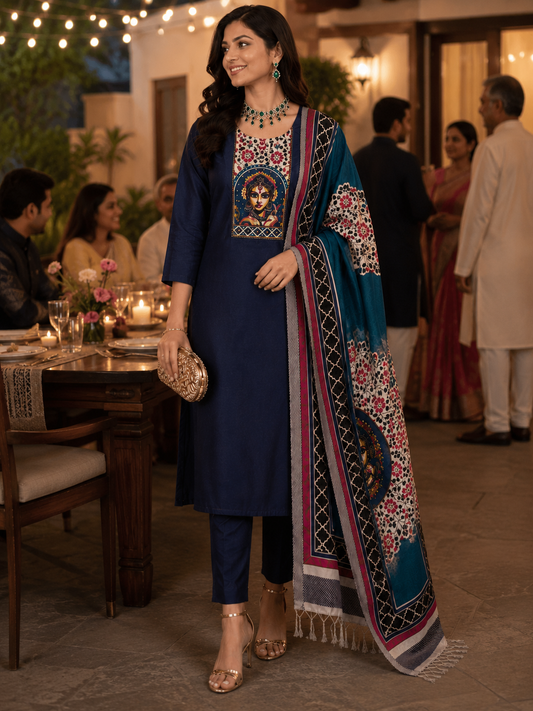Dark Blue Dabka Work Maheshwari Silk Semi Stitched Suit
