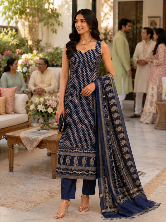 Dark Blue Maheshwari Silk Unstitched Suit