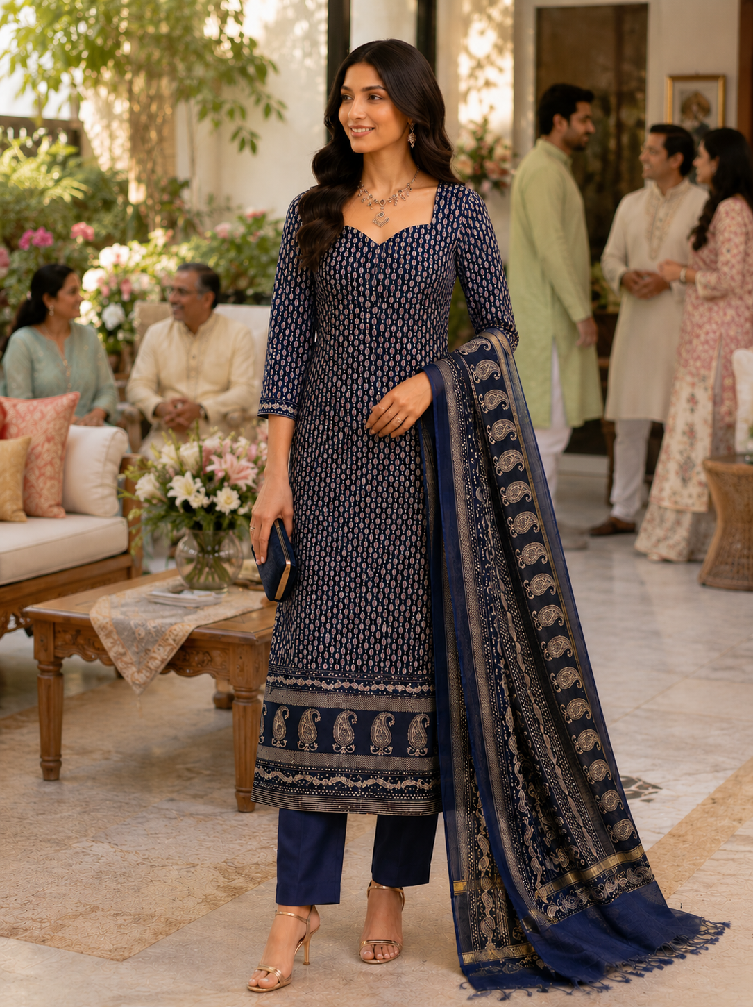 Dark Blue Maheshwari Silk Unstitched Suit