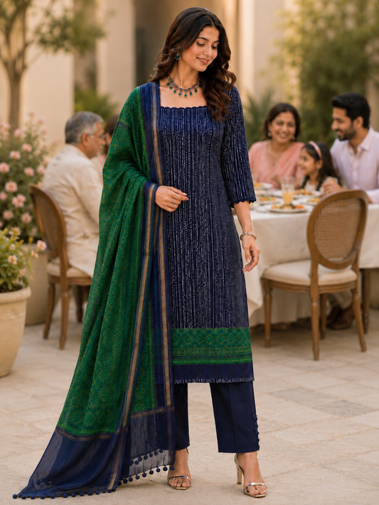 Blue Maheshwari Unstitched Suit