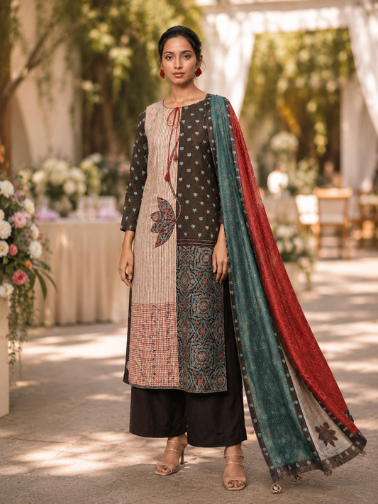 Dark Brown Muslin Digitally Printed Semi Stitched Suit