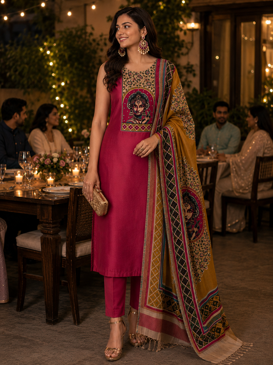 Pink Dabka Work Maheshwari Silk Semi Stitched Suit