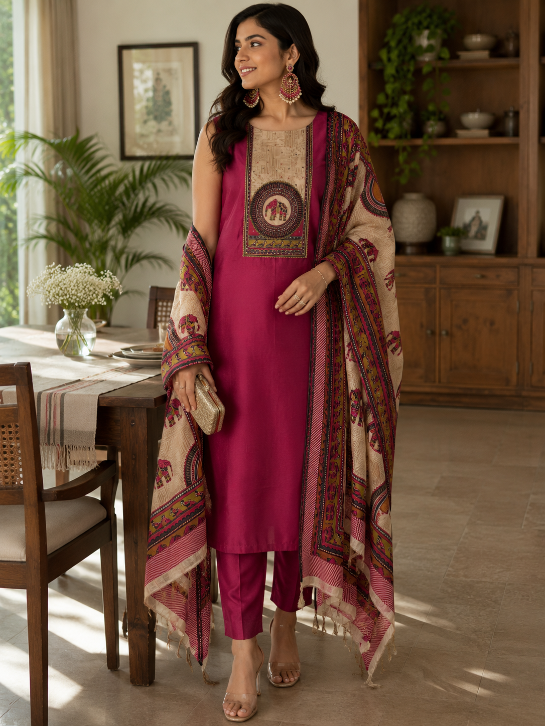Pink Dabka Work Maheshwari Silk Semi Stitched Suit