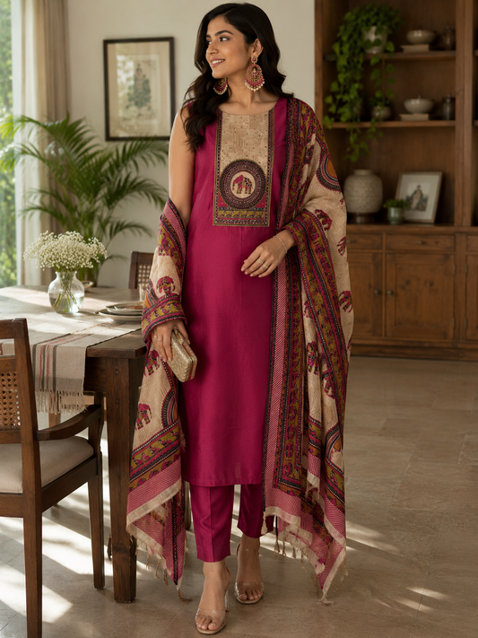 Pink Dabka Work Maheshwari Silk Semi Stitched Suit