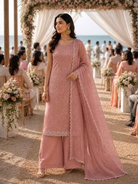 Peach Embellished Tissue Unstitched Suit