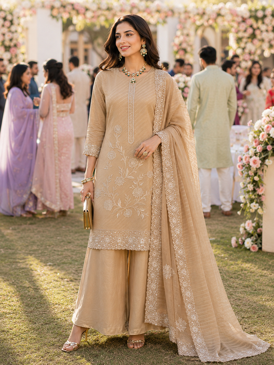 Brown Zari Banarasi Semi Stitched Suit