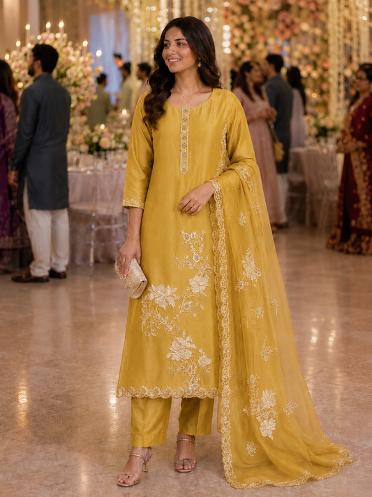 Yellow Applique Shimmer Semi Stitched Suit
