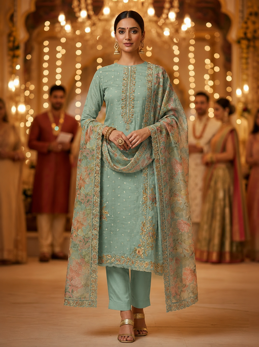 Green Banarasi Butti Semi Stitched Suit