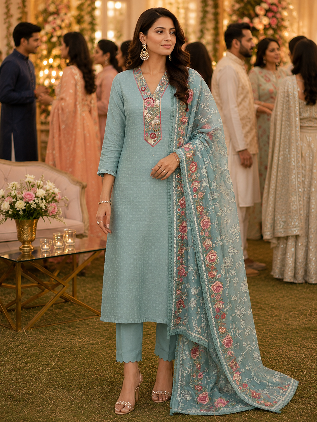 Green Chanderi Embroidered Unstitched Suit