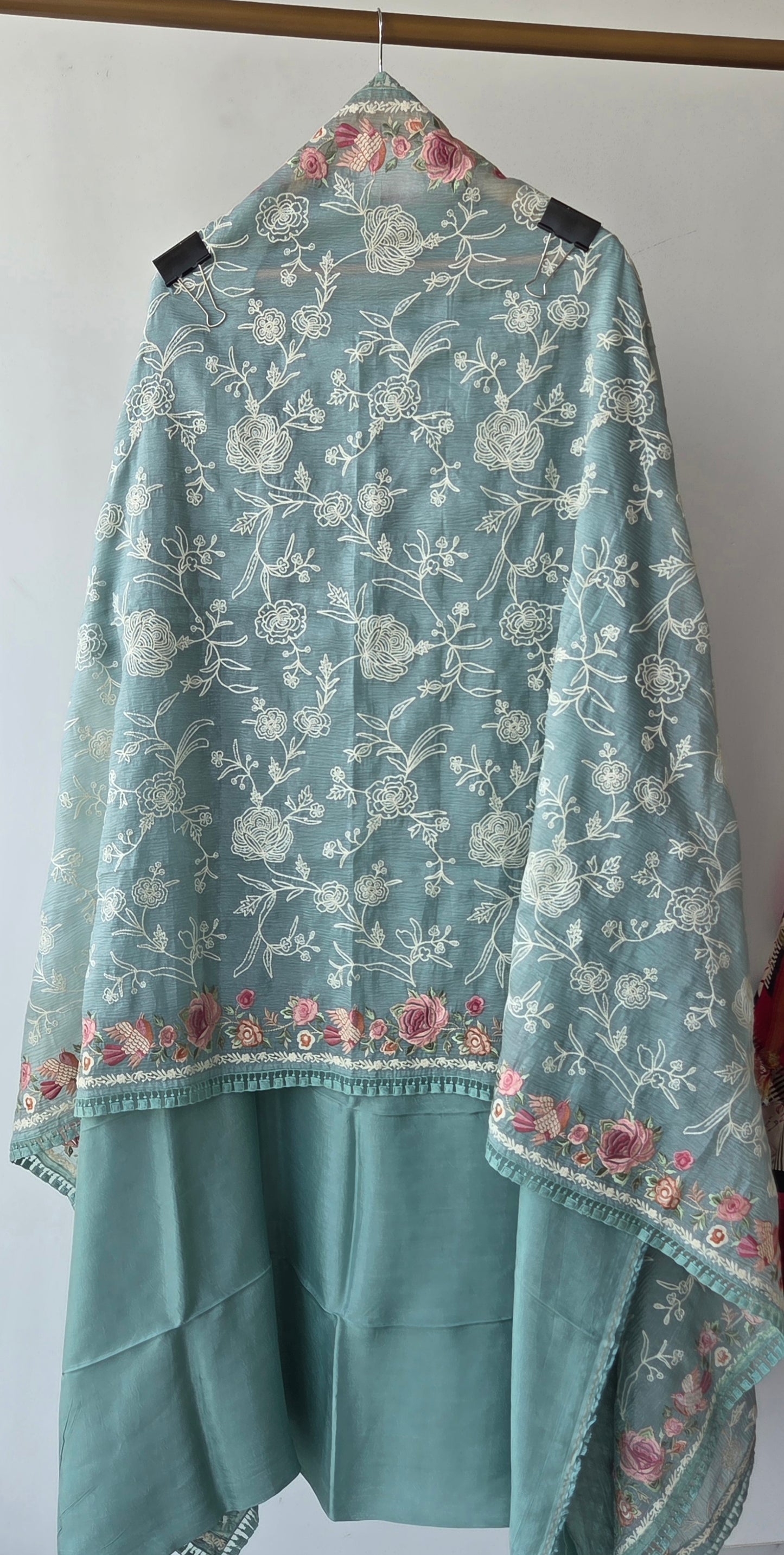 Green Chanderi Embroidered Unstitched Suit