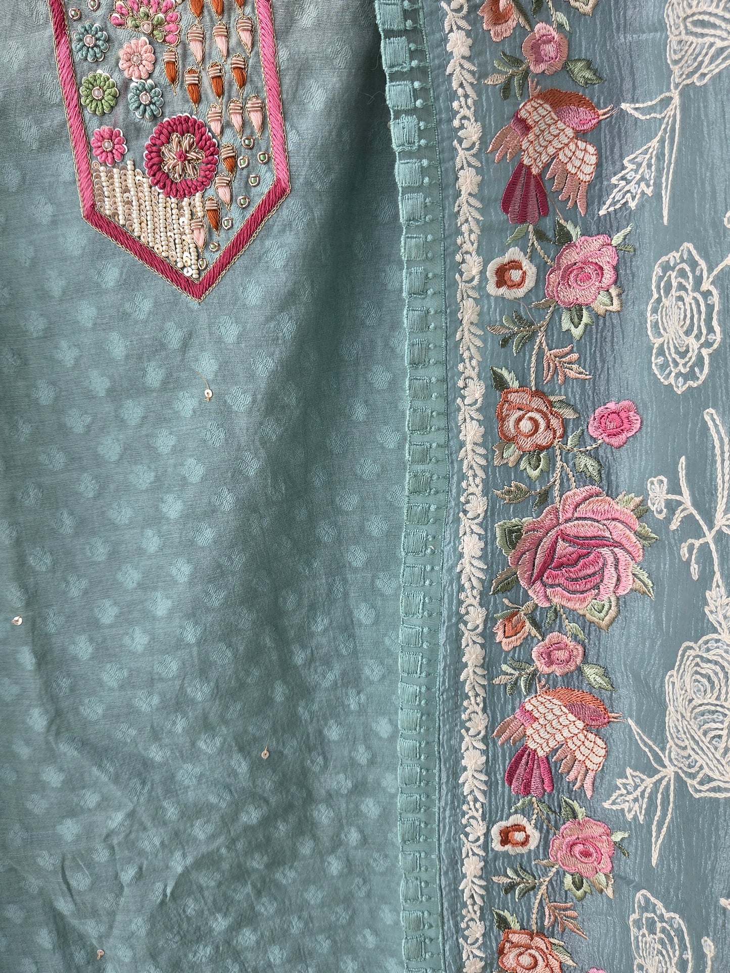 Green Chanderi Embroidered Unstitched Suit