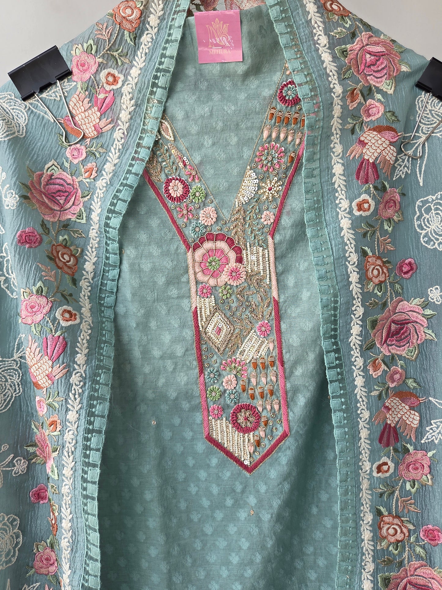 Green Chanderi Embroidered Unstitched Suit