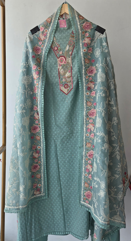 Green Chanderi Embroidered Unstitched Suit