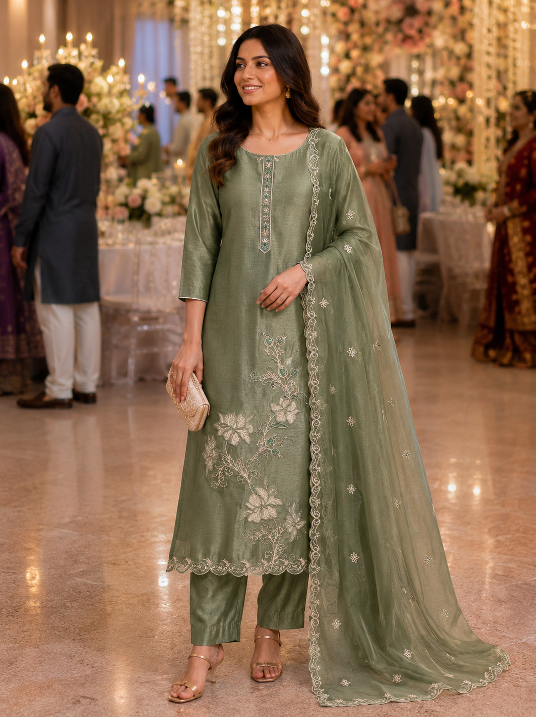 Green Applique Shimmer Semi Stitched Suit