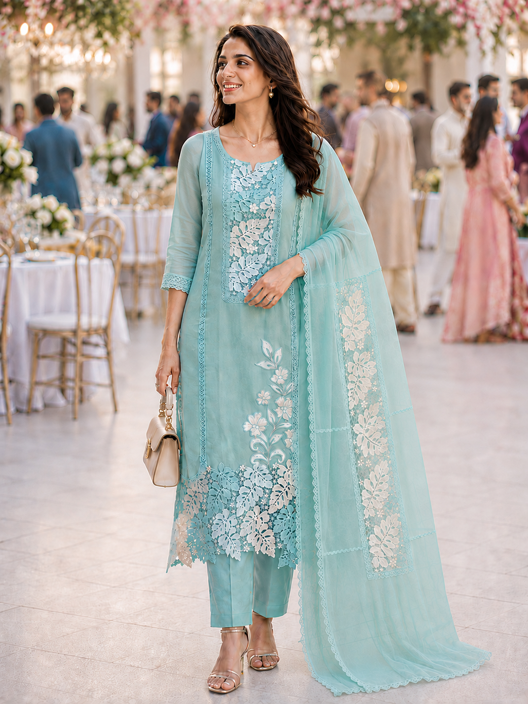 Green Lace Organza Semi Stitched Suit