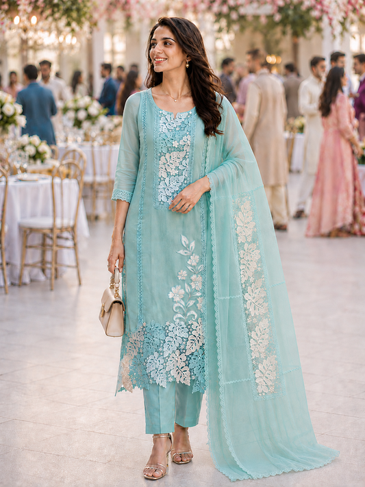 Green Lace Organza Semi Stitched Suit