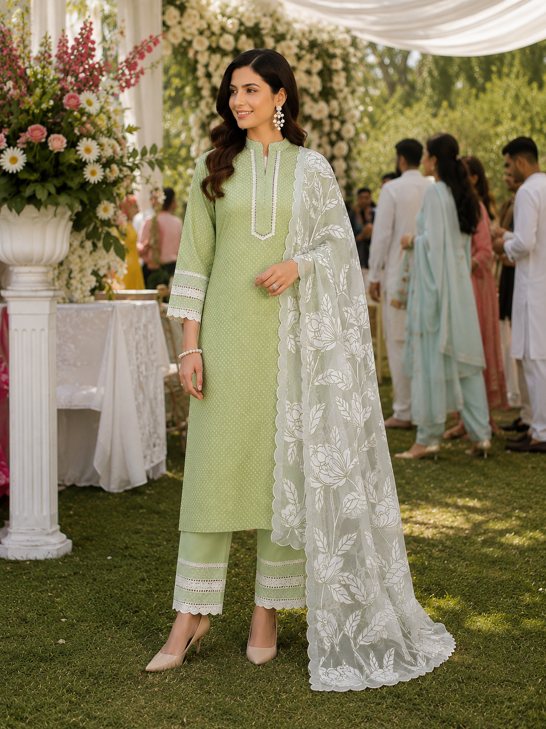 Green Applique Chanderi Unstitched Suit