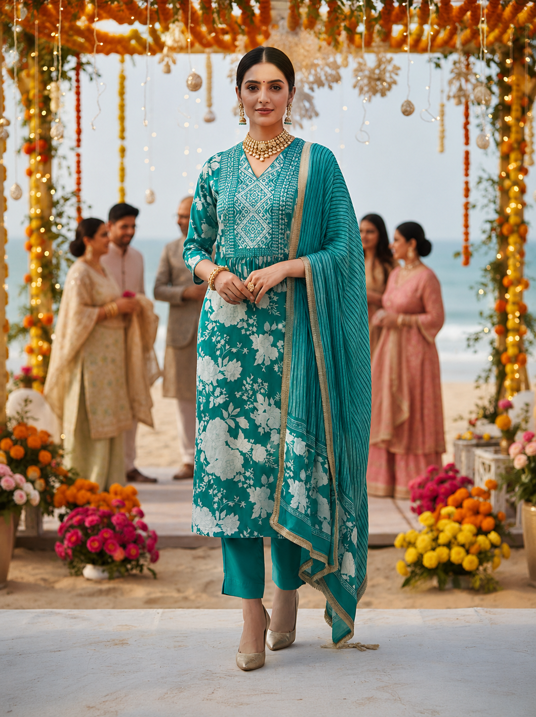 Green Satin Printed Semi Stitched Suit