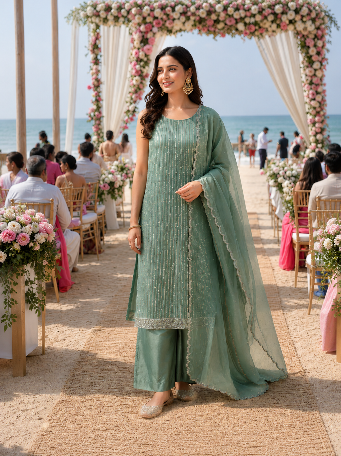Green Embellished Tissue Semi Stitched Suit