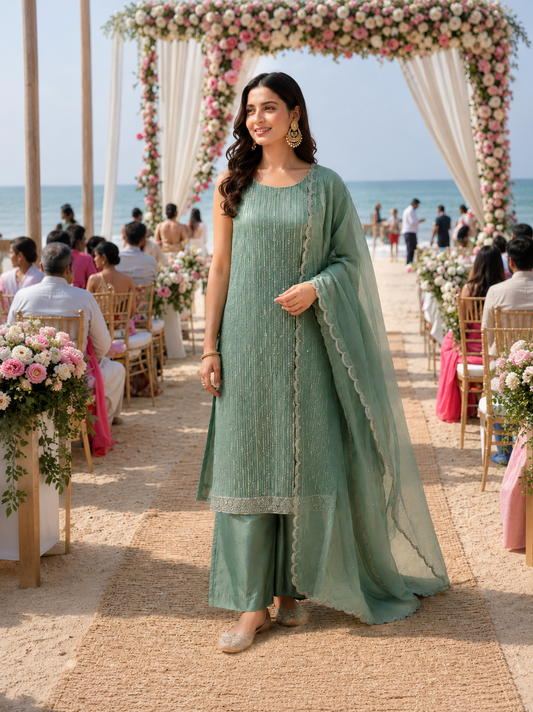 Green Embellished Tissue Semi Stitched Suit