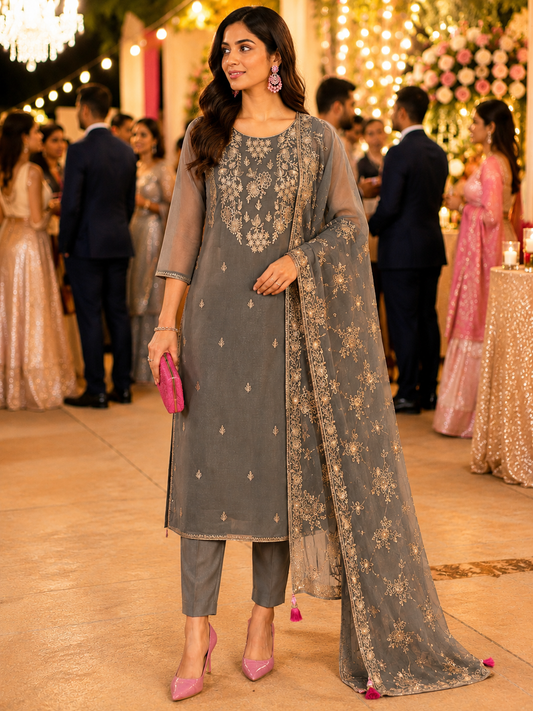Grey Glass Tissue Embroidered Unstitched Suit