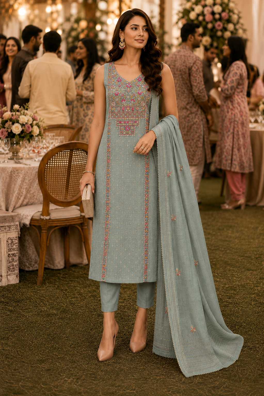 Grey Knot Chanderi Semi Stitched Suit
