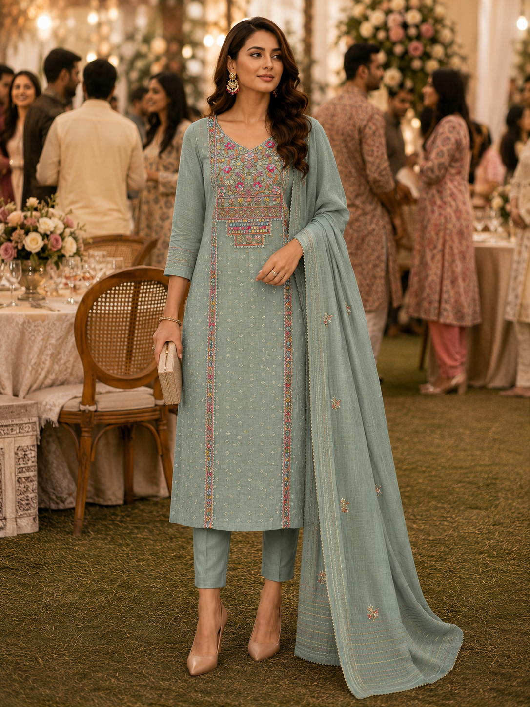 Grey Knot Chanderi Semi Stitched Suit