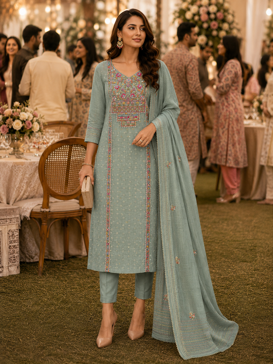 Grey Knot Chanderi Semi Stitched Suit