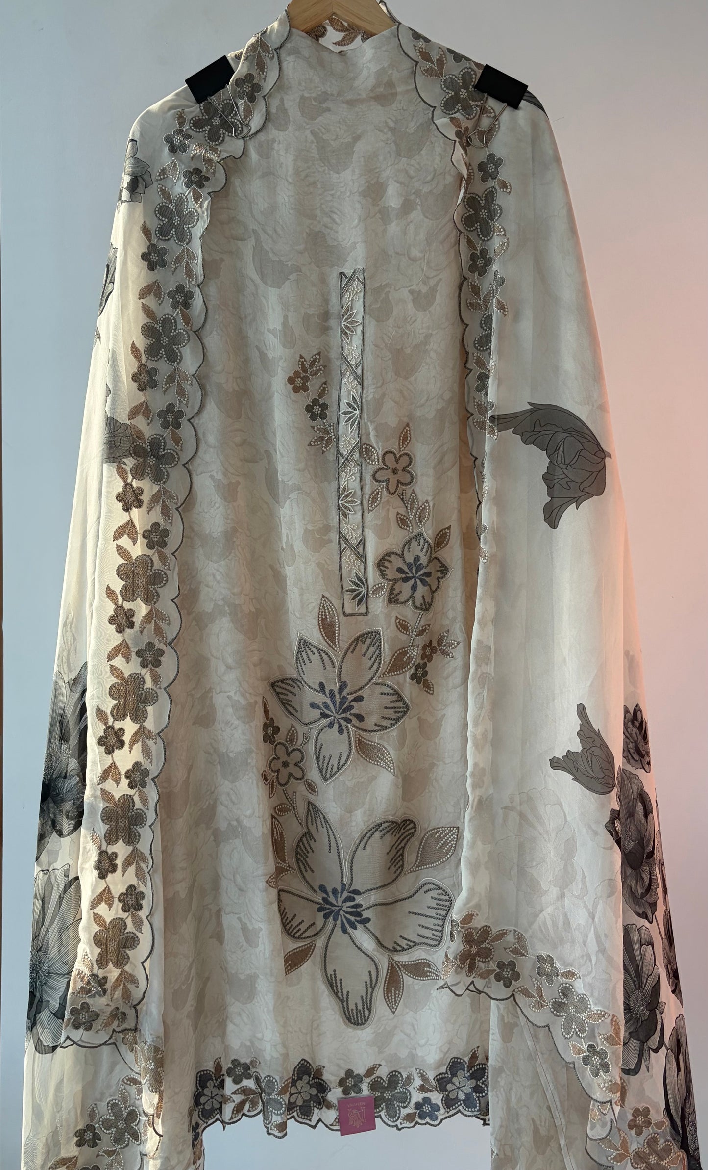 Off White Applique Organza Semi Stitched Suit