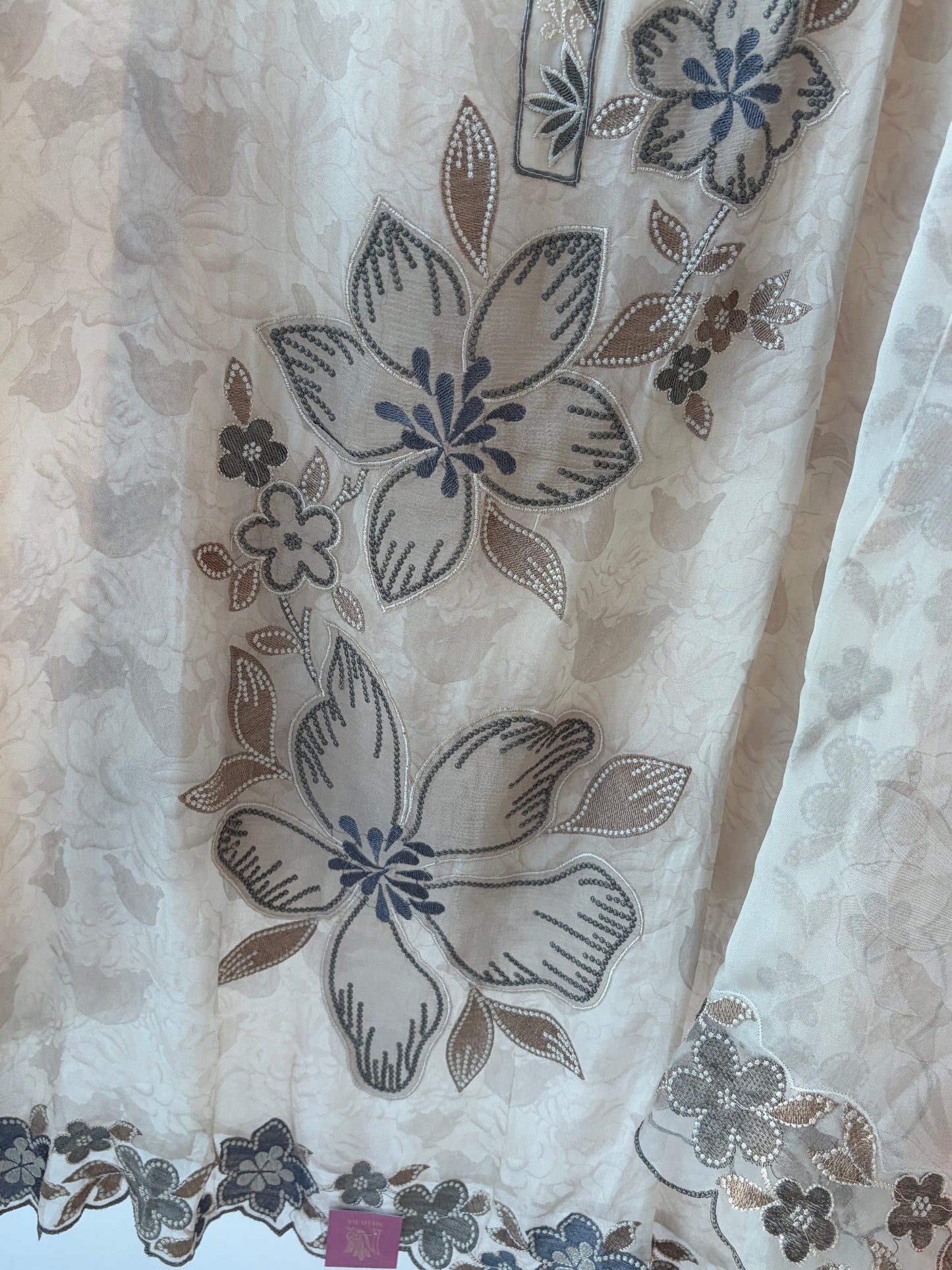 Off White Applique Organza Semi Stitched Suit
