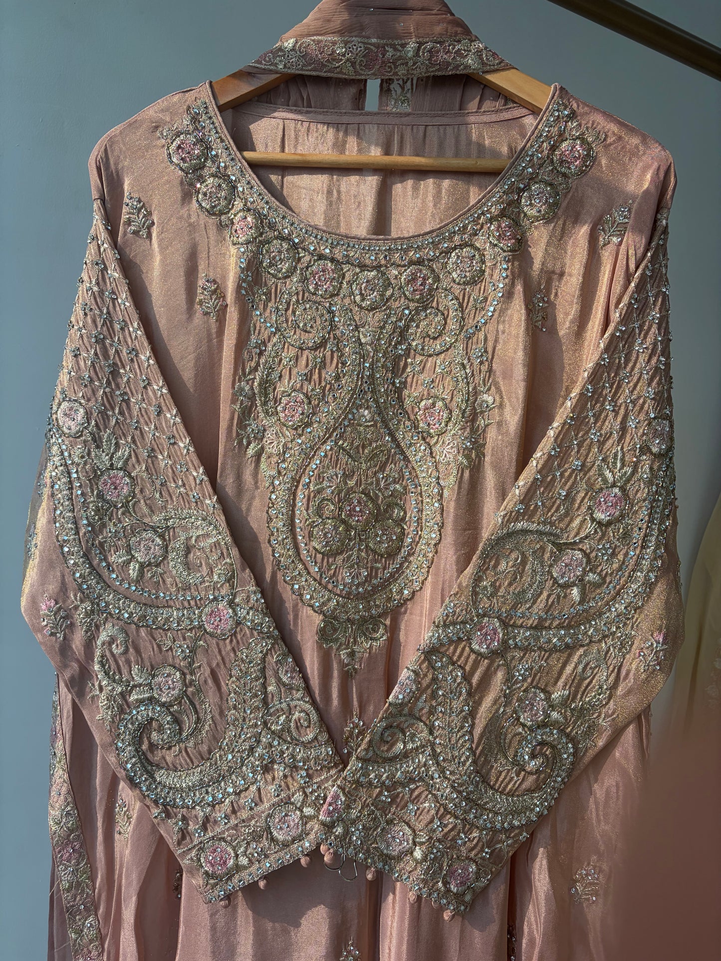 Peach Sequence Shimmer Semi Stitched Suit