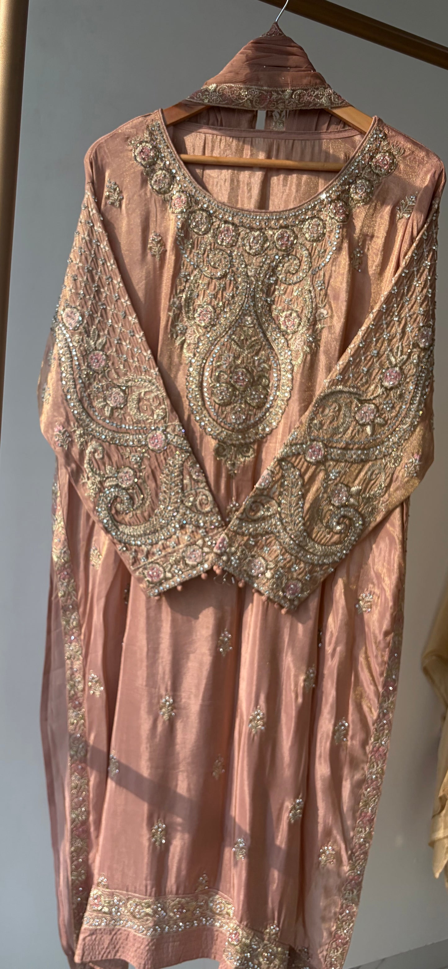 Peach Sequence Shimmer Semi Stitched Suit