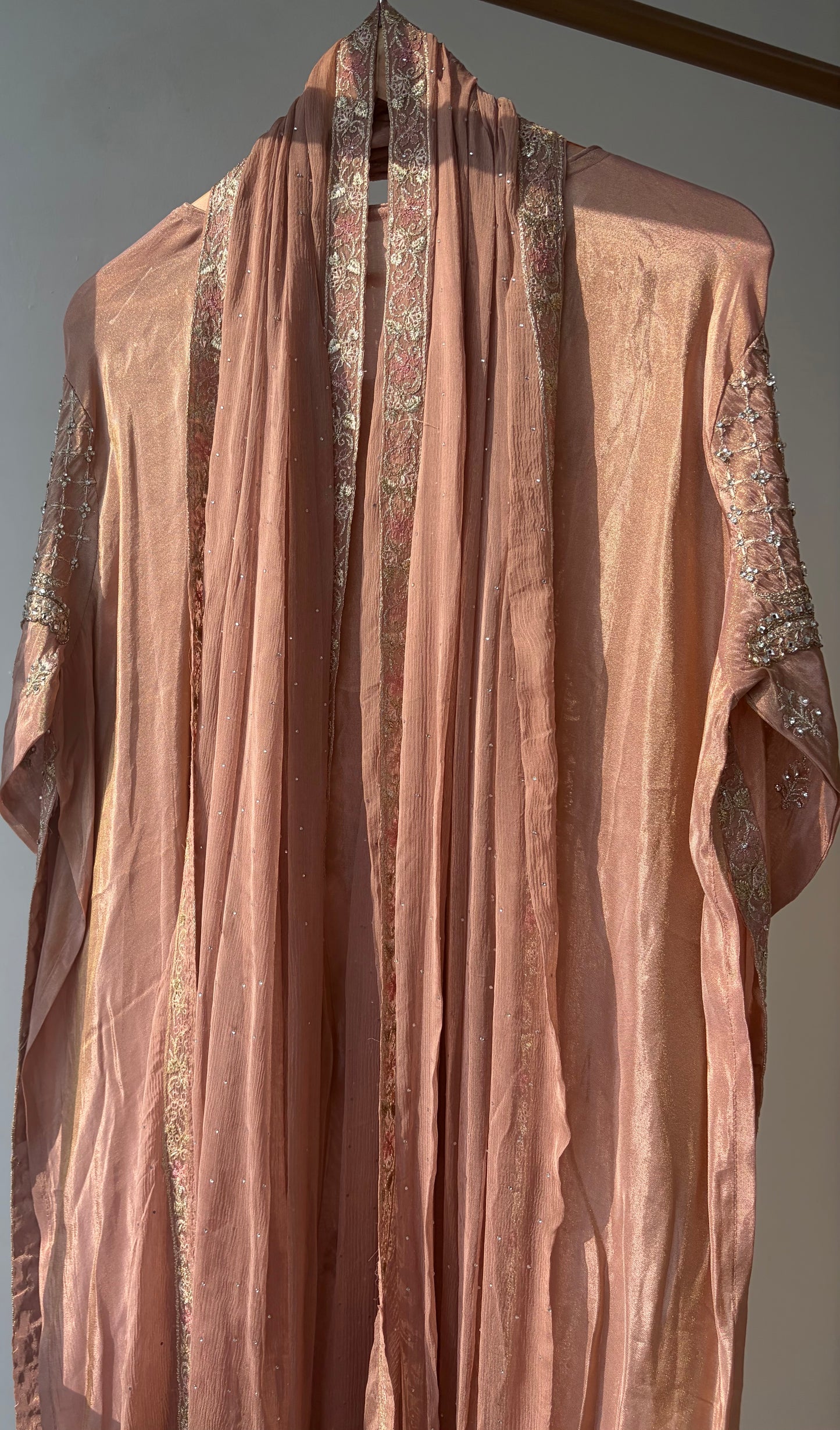 Peach Sequence Shimmer Semi Stitched Suit