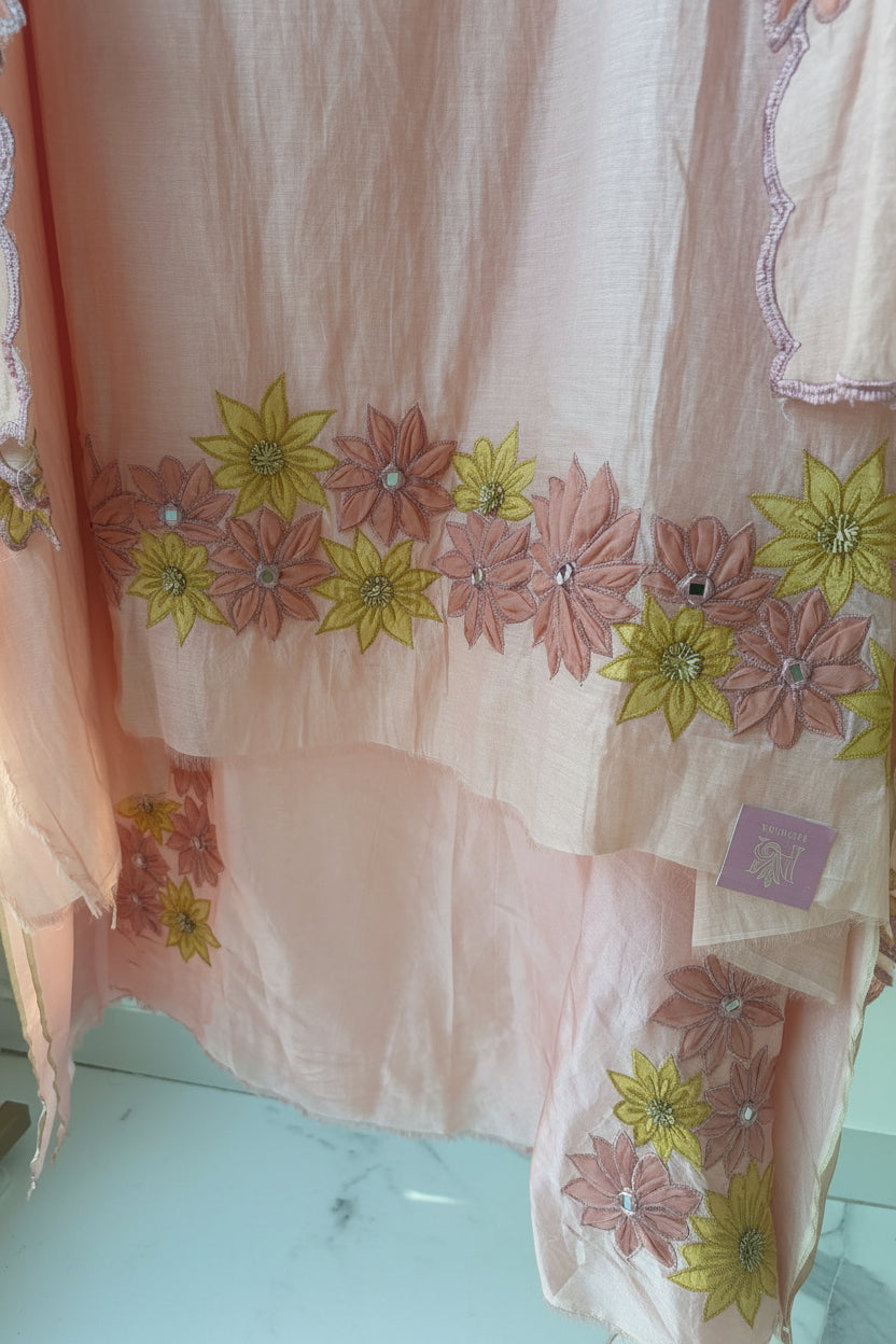 Peach Applique Mulmul Semi Stitched Suit